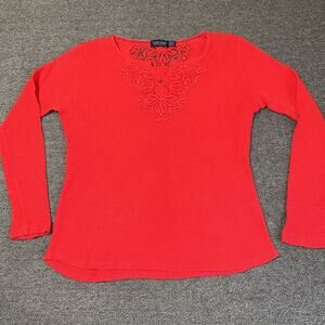 Faded Glory Top Women’s L 12–14 Red Thermal Knitted Y-Neck Y2K Long Sleeve Basic